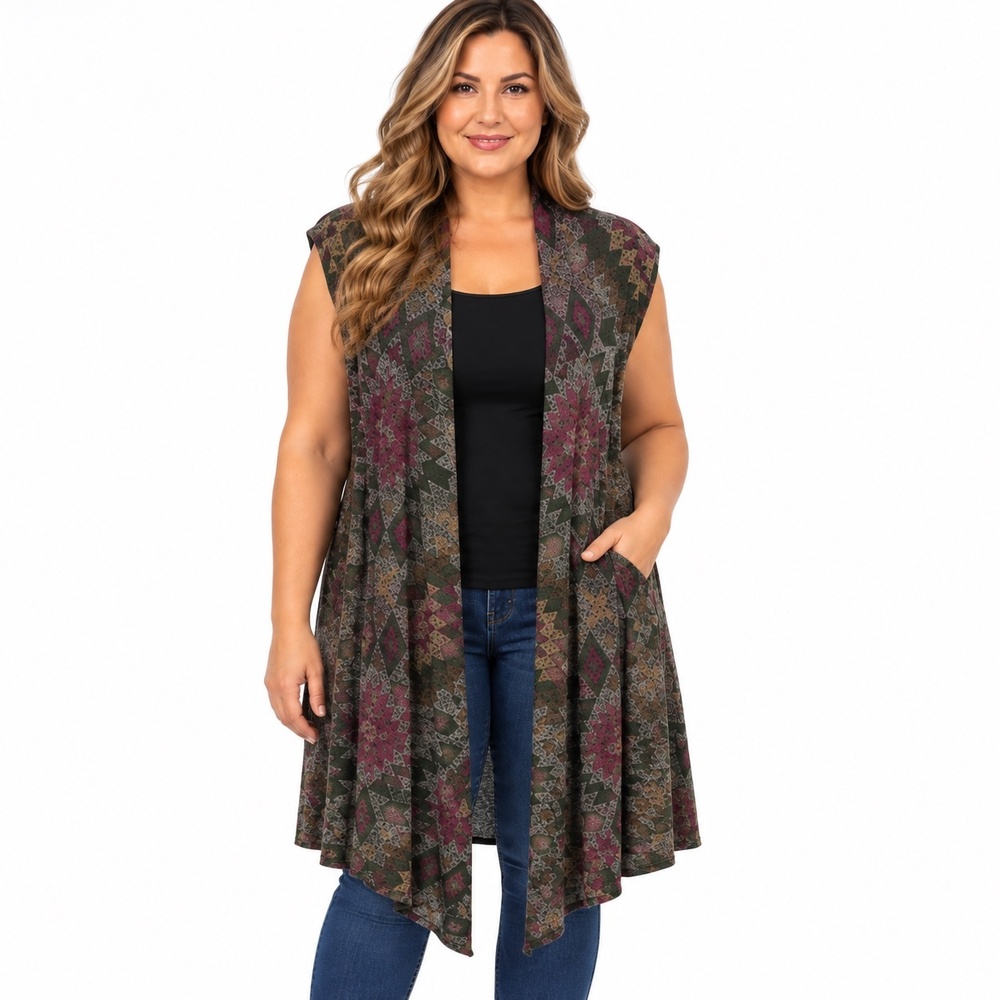 New Directions Plus 1X Southwestern Long Duster Vest Boho Western Open Cardigan